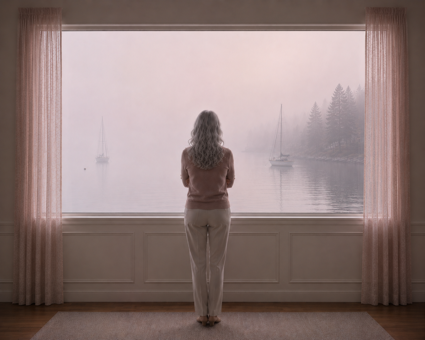 A woman looking out over a quiet harbor