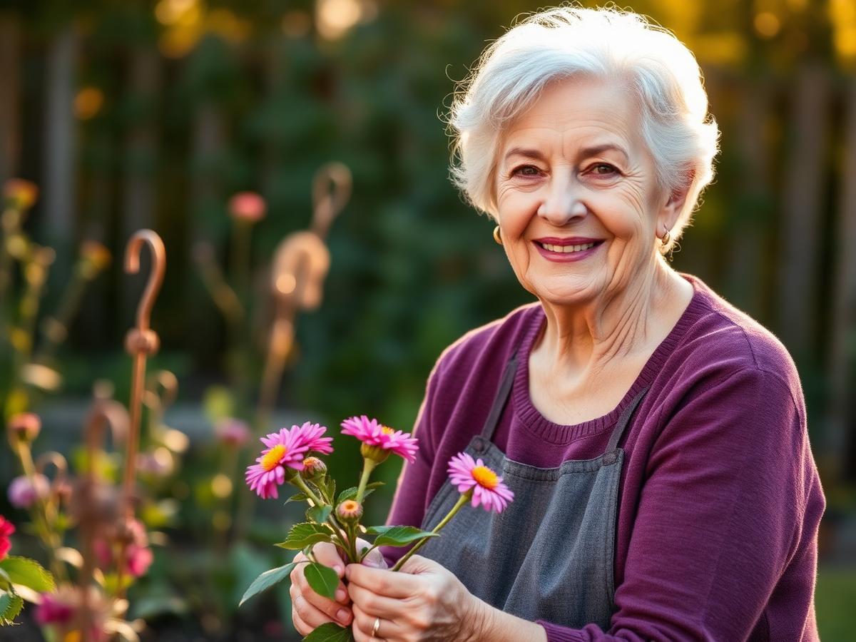An older woman tending her garden